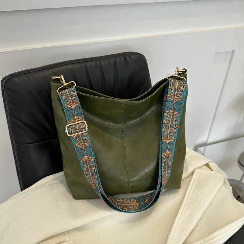 Vintage PU Leather Bucket Bag Large Capacity Shoulder Crossbody Handbag