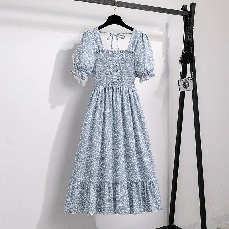 Women’s Chiffon A-Line Dress Short Sleeve Pleated Elastic Waist Casual Summer Dress