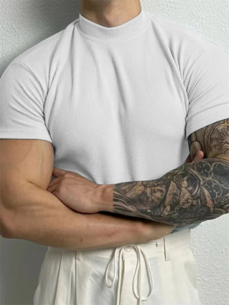 Men High Collar Stripe T Shirt Short Sleeve Summer Fitness Sport Casual Top