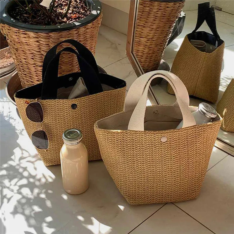 Bohemian Straw Bucket Bag Handmade Woven Rattan Shoulder Crossbody Bag