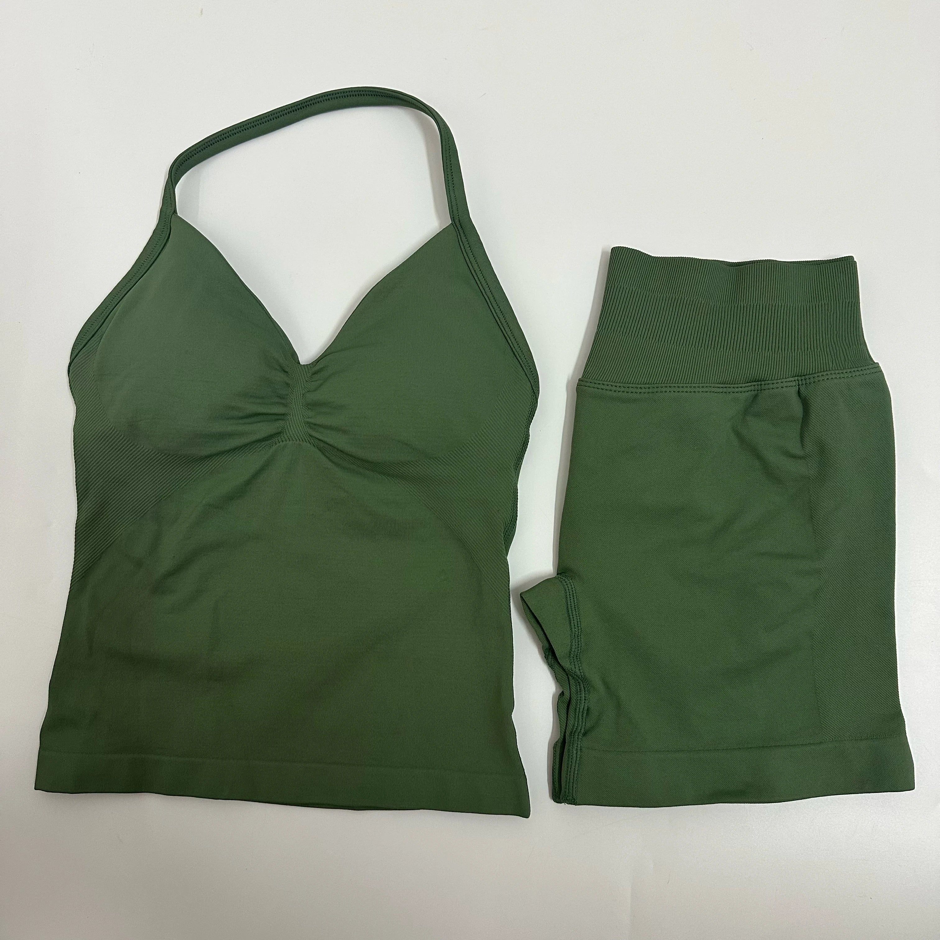 Seamless Yoga Set Women Strappy Tank Top Scrunch Shorts Gym Workout Outfit