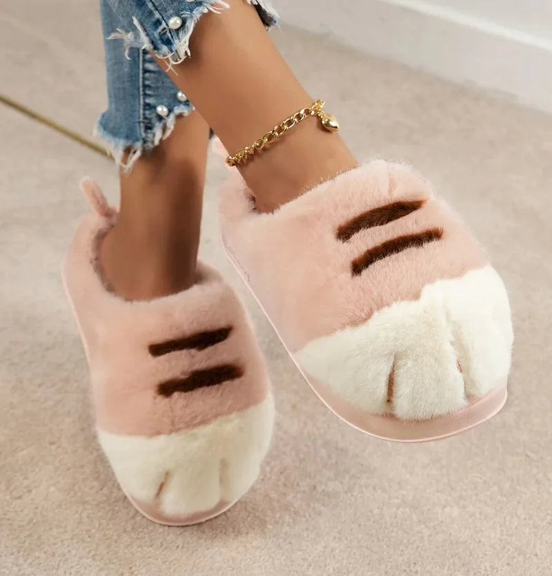 Women’s Cat Paw Fluffy Slippers Warm Non Slip Home Shoes