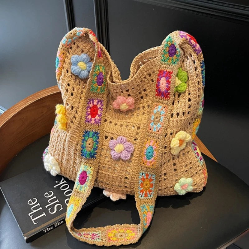 Women Boho Crochet Bag Knitted Floral Shoulder Tote Large Capacity Beach Woven Handbag