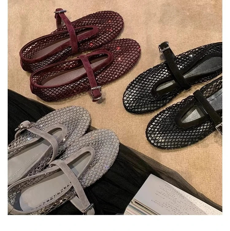 Women Fishnet Ballet Flats Mary Jane Shoes Spring 2026 Casual Flats