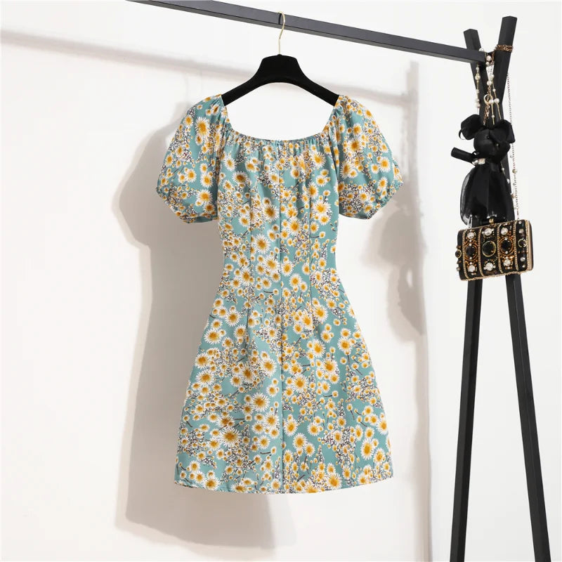 Women’s Floral Chiffon Mini Dress Summer Puff Sleeve Shirred Casual Dress