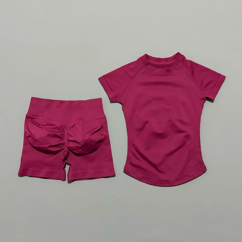Women 2 Piece Gym Set Seamless Workout Outfit Shorts & Top Fitness Yoga Set