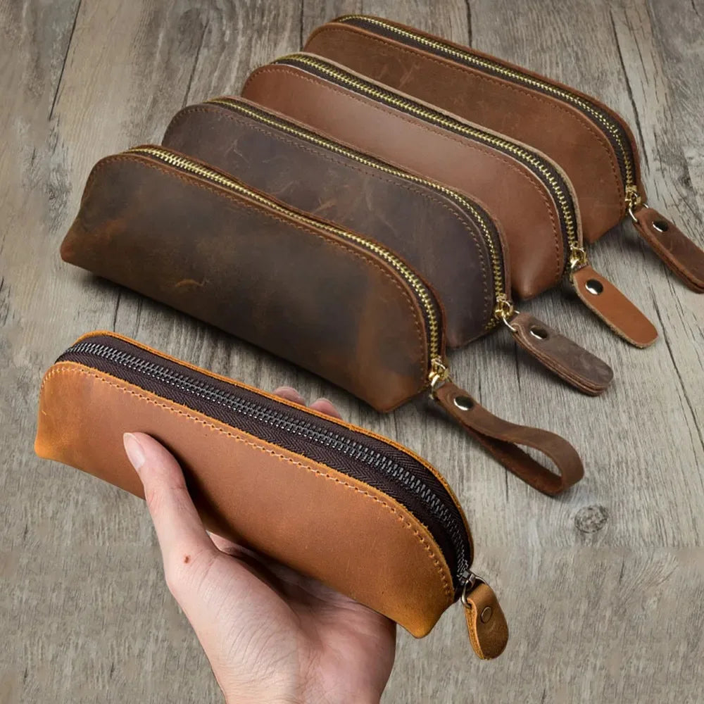 Vintage Leather Pencil Case Zipper Pouch Pen Holder Glasses Storage Bag