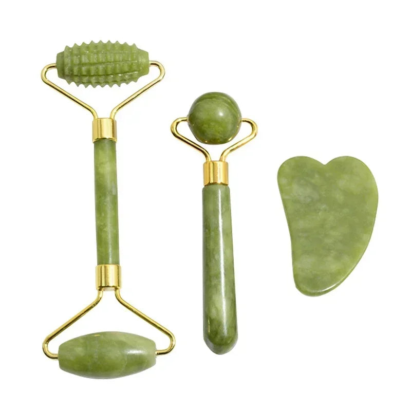 Natural Jade Roller Gua Sha Face Neck Massager Stone Spa Lifting Tool Set