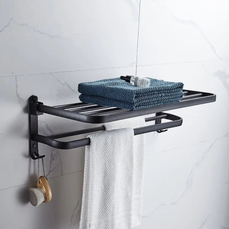 Matte Black Folding Towel Rack Wall Mount Aluminum Holder with Hook 50cm