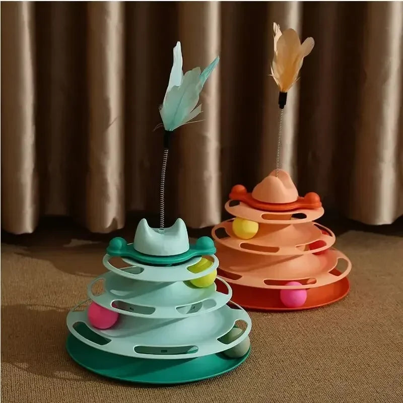 Four Layer Cat Rotating Ball Tower Toy with Feather Stick