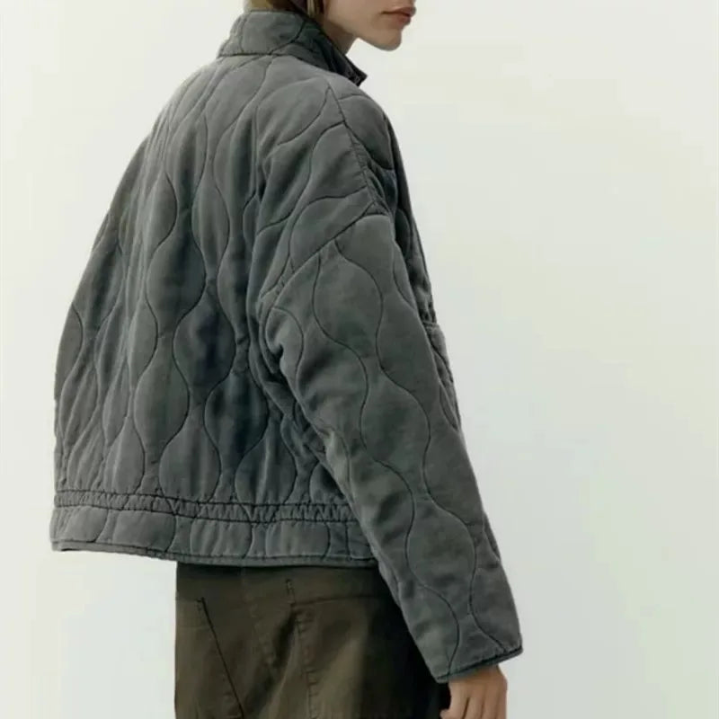 Women Quilted Padded Jacket High Collar Large Pocket Vintage Winter Coat