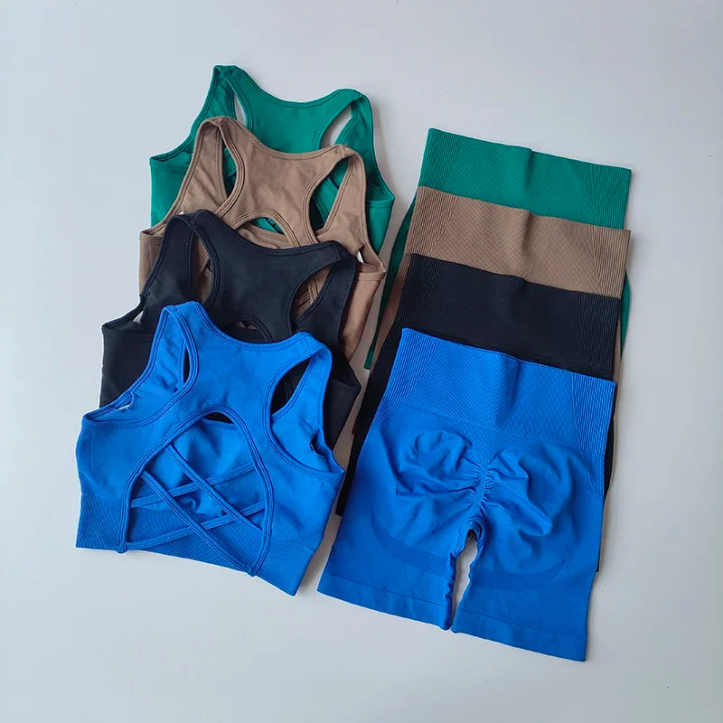 Seamless Yoga Set Women Bra Shorts High Waist Scrunch Butt Gym Outfit Fitness Set