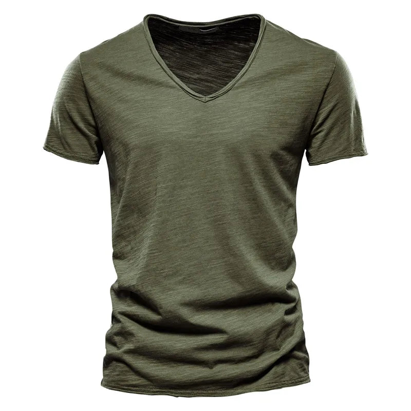 Men Cotton V-Neck Slim Fit T Shirt Short Sleeve Fashion Basic Tee