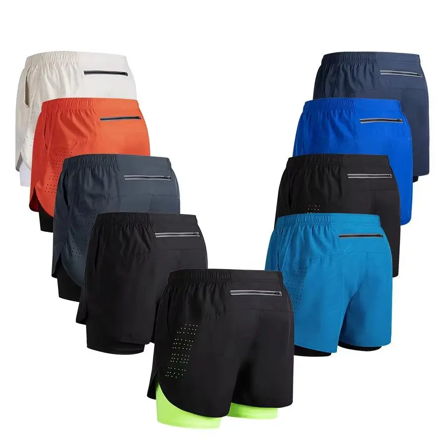 Men 2-in-1 Double Layer Running Shorts Quick Dry Gym Fitness Training Shorts