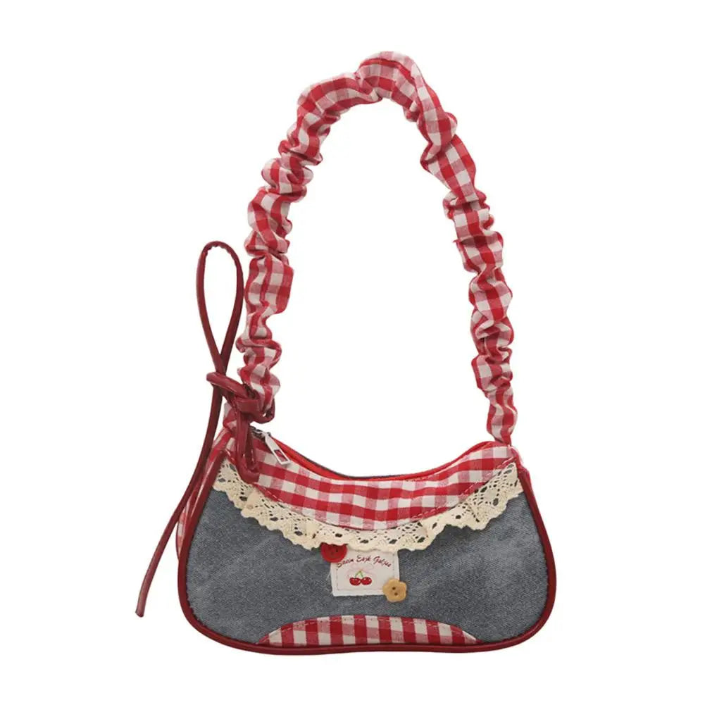 Women Grid Shoulder Bag Lace Ribbon Underarm Handbag