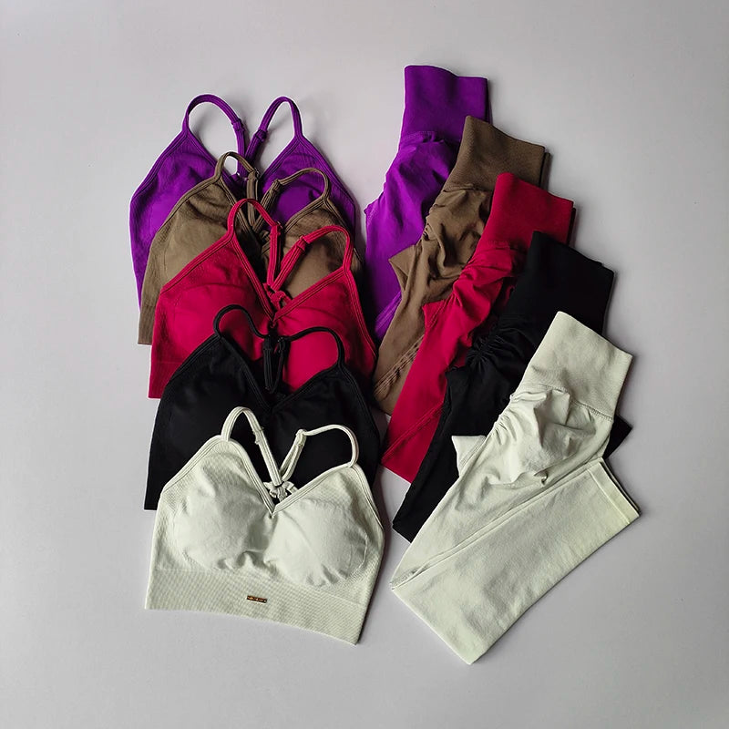 Seamless V Neck Yoga Set Women Sports Bra High Waist Leggings Hip Lift Fitness Outfit