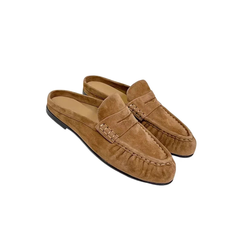 Women Leather Mules French Style Slip On Flat Slides Casual Plus Size 34-43 2026
