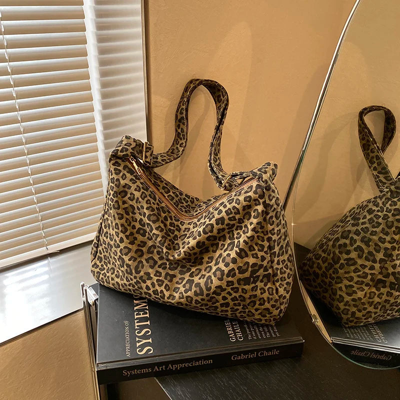 Women Leopard Print Shoulder Bag Large Capacity Retro Crossbody Tote
