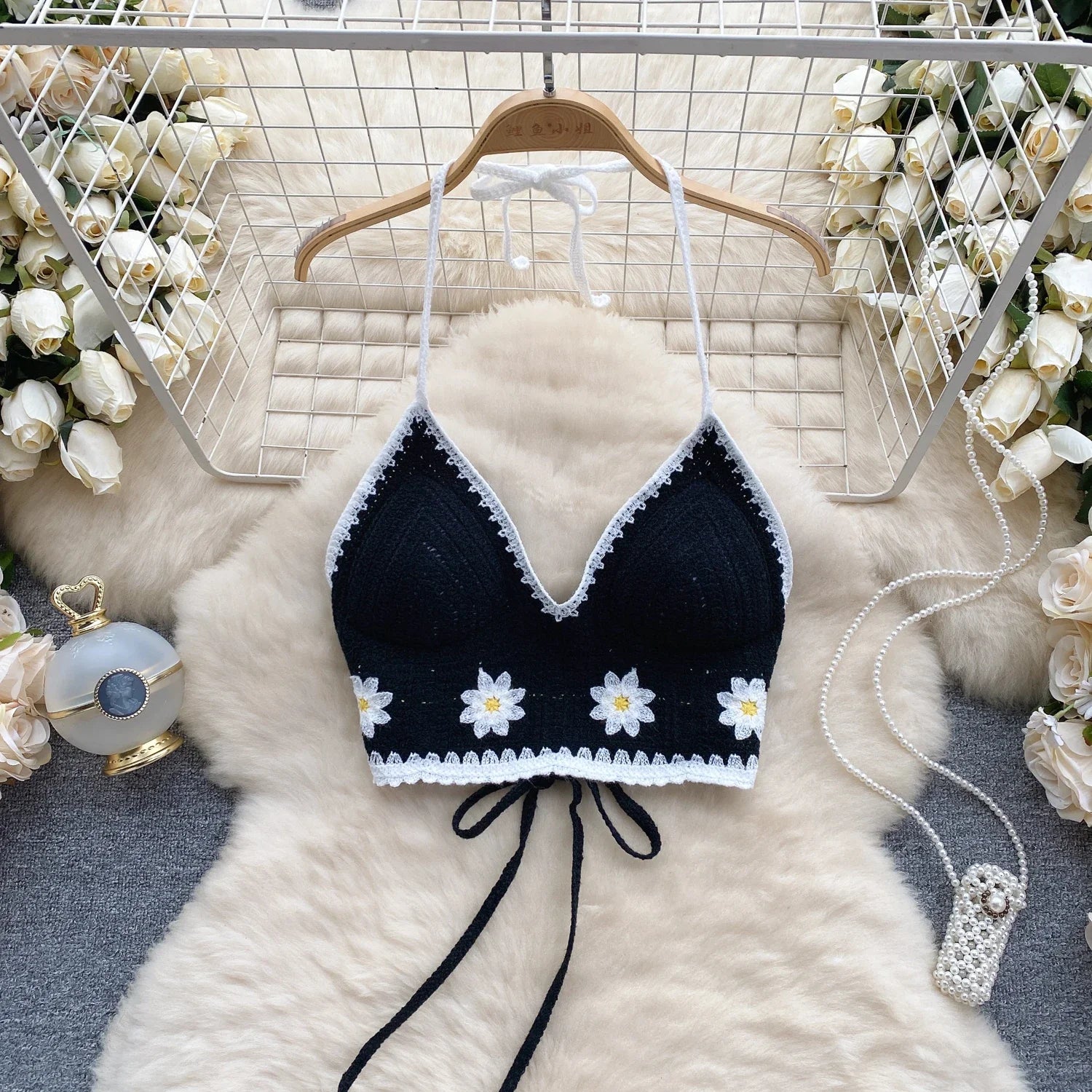 Women Floral Patchwork Backless Cami Crop Top