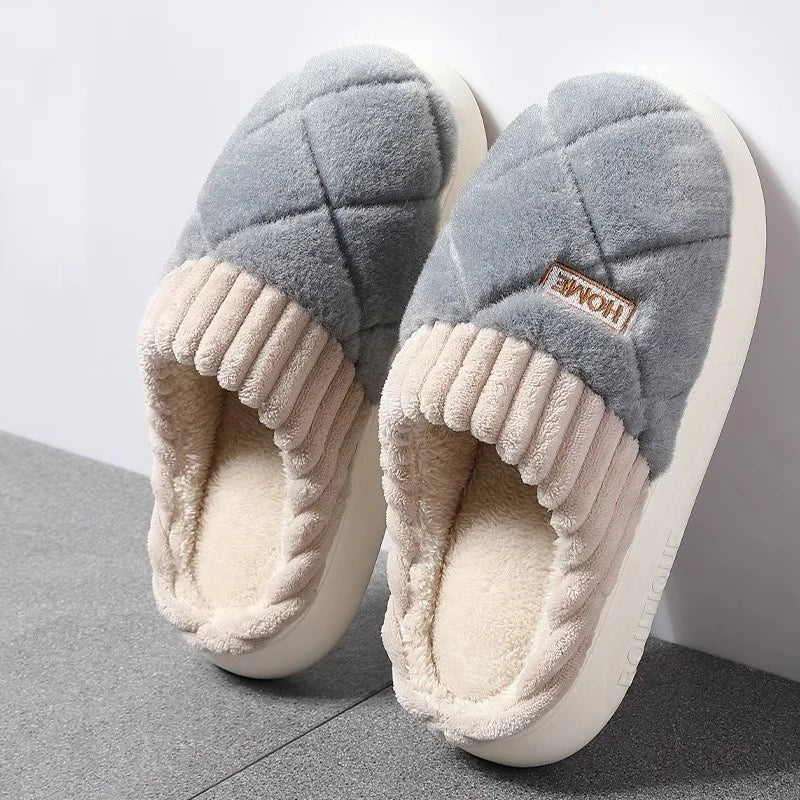 Quilted Plush Slippers Women Cozy Winter Soft Indoor Anti Slip House Shoes