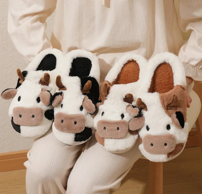 Cute Cow Slippers Plush Indoor Warm Cartoon Animal Home Shoes for Couples