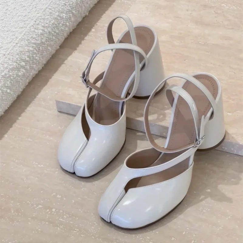 Women Patent Leather Tabi Split Toe Slingback High Heel Pumps Chunky Casual Shoes
