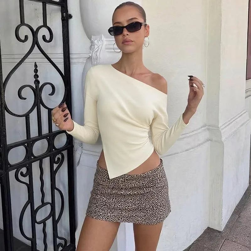 Women Slim Fit Long Sleeve Slit Top Strapless Pleated Party Streetwear