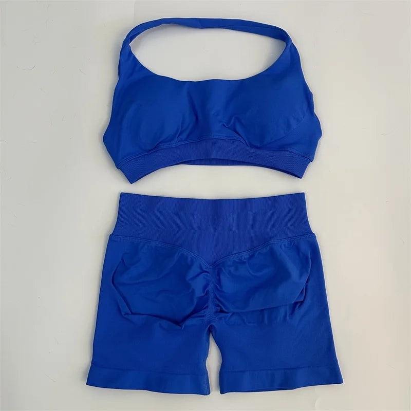 Seamless Yoga Set Halter Sports Bra Scrunch Shorts Gym Workout Fitness Set