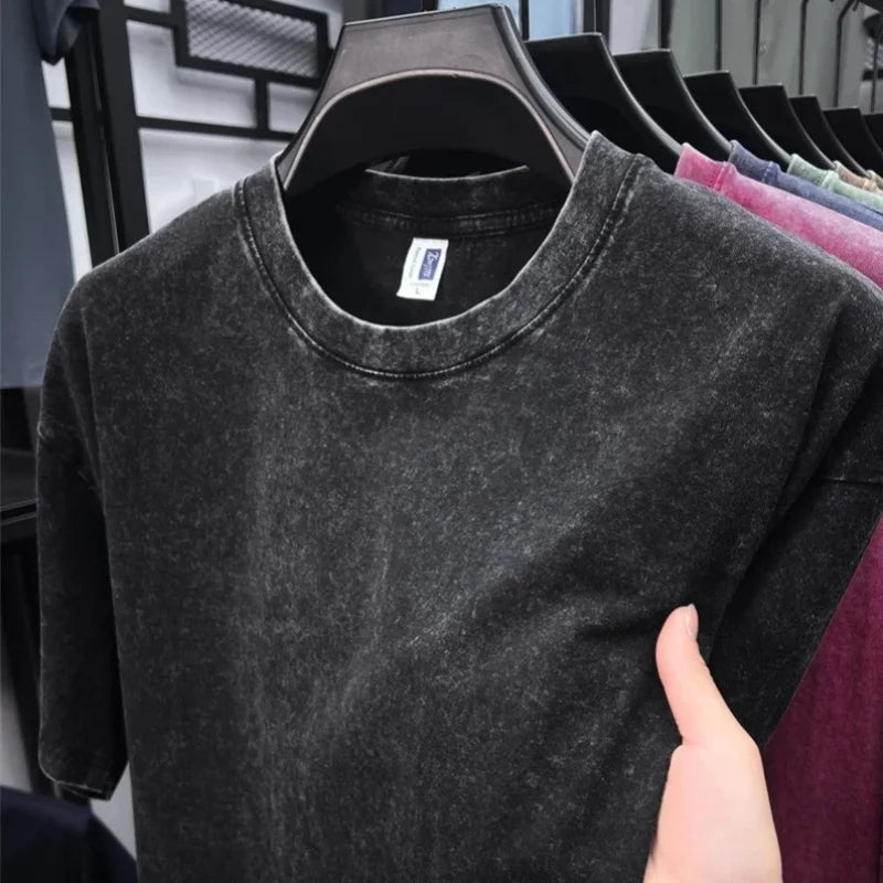 Men Oversized Washed Cotton Vintage T Shirt Loose Fit Short Sleeve Basic Tee