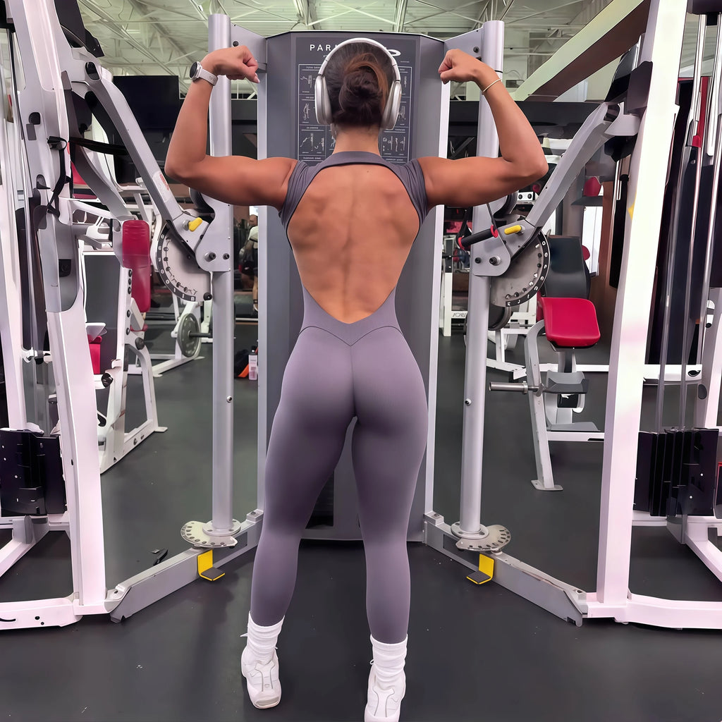 Women Open Back Yoga Jumpsuit One Piece Gym Bodysuit Hip Lift Quick Dry Fitness Outfit