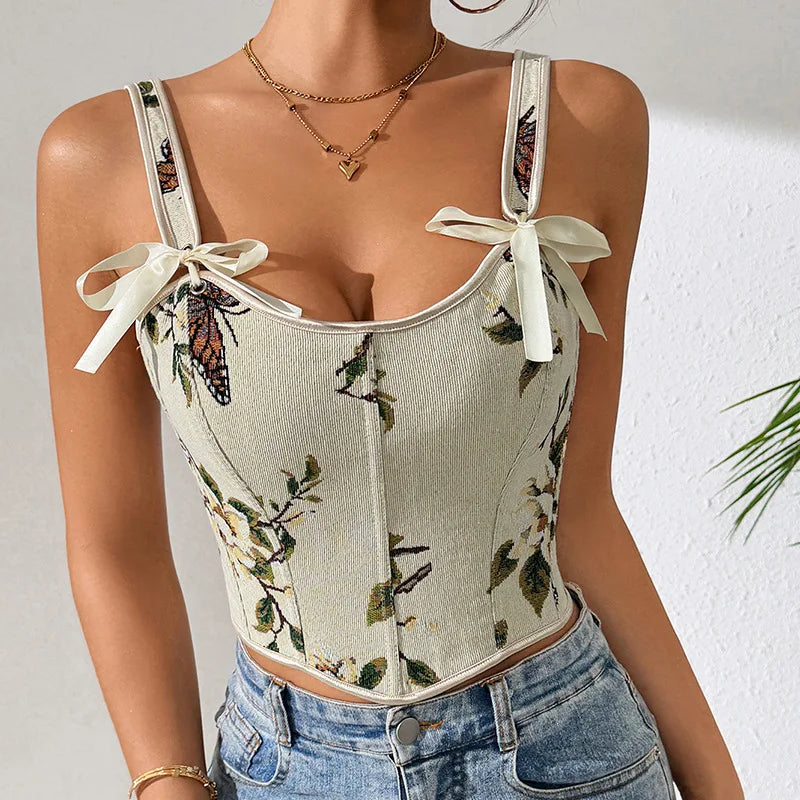 Women’s Floral Corset Bra Top French Style Double Strap Retro Vest