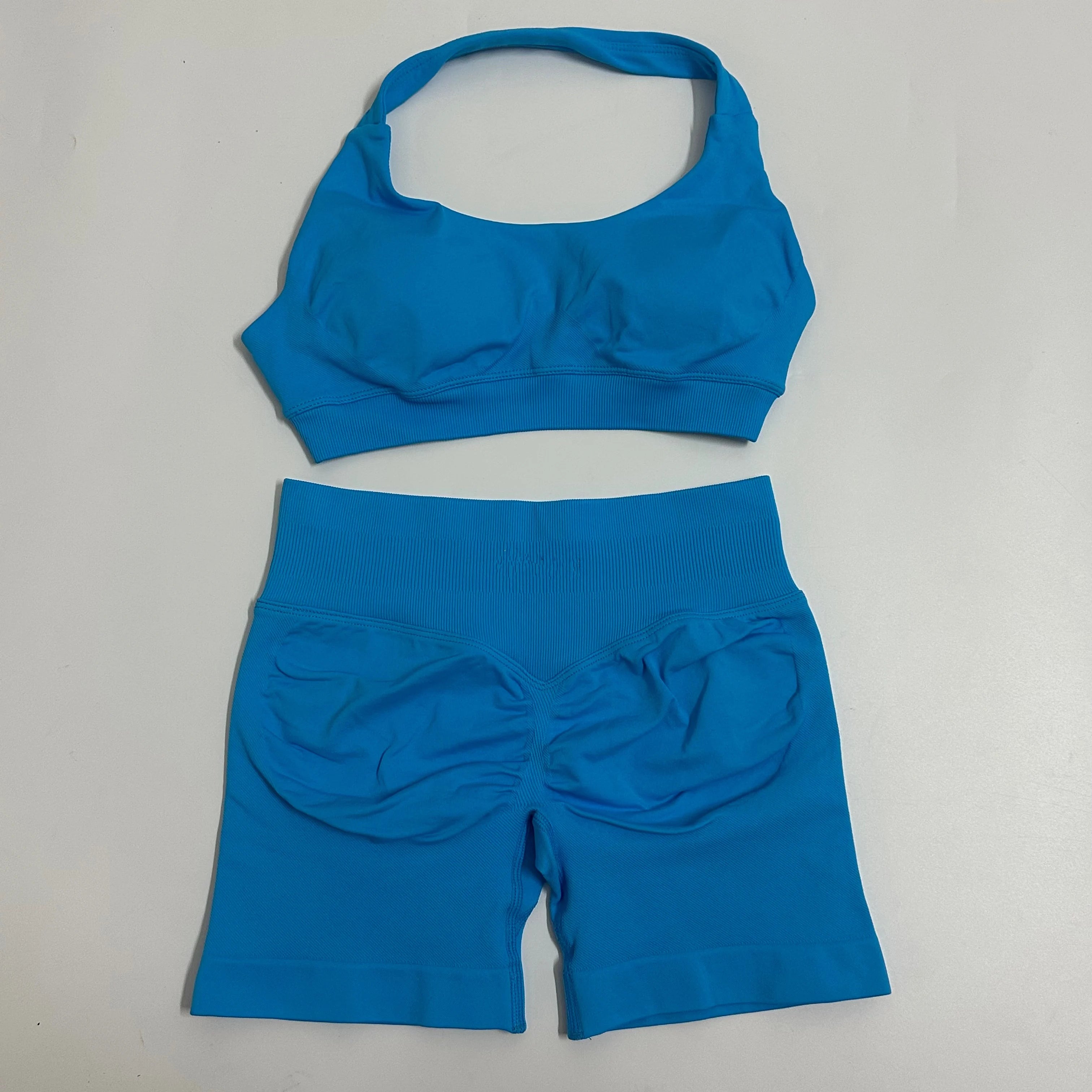 Seamless Yoga Set Halter Sports Bra Scrunch Shorts Gym Workout Fitness Set