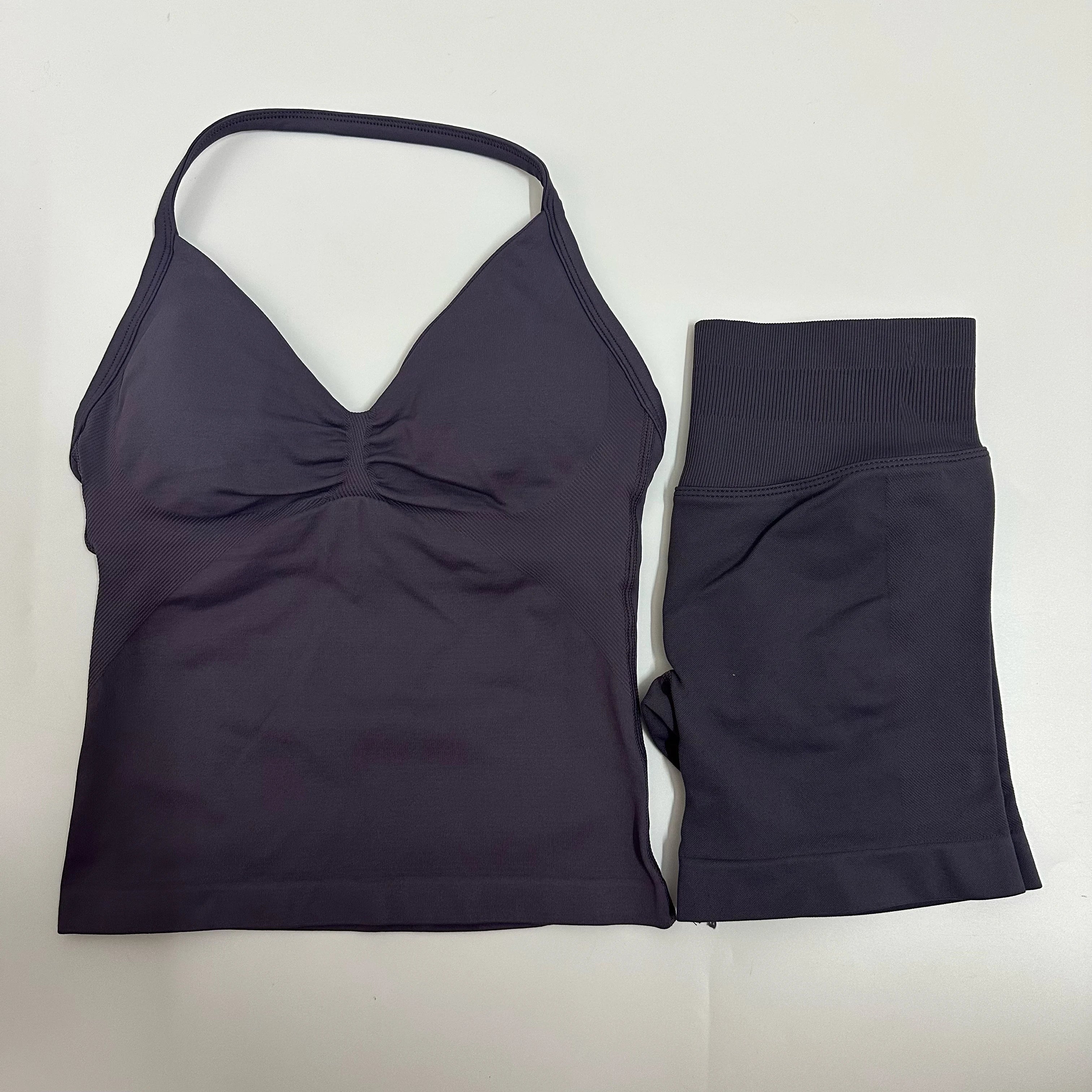 Seamless Yoga Set Women Strappy Tank Top Scrunch Shorts Gym Workout Outfit