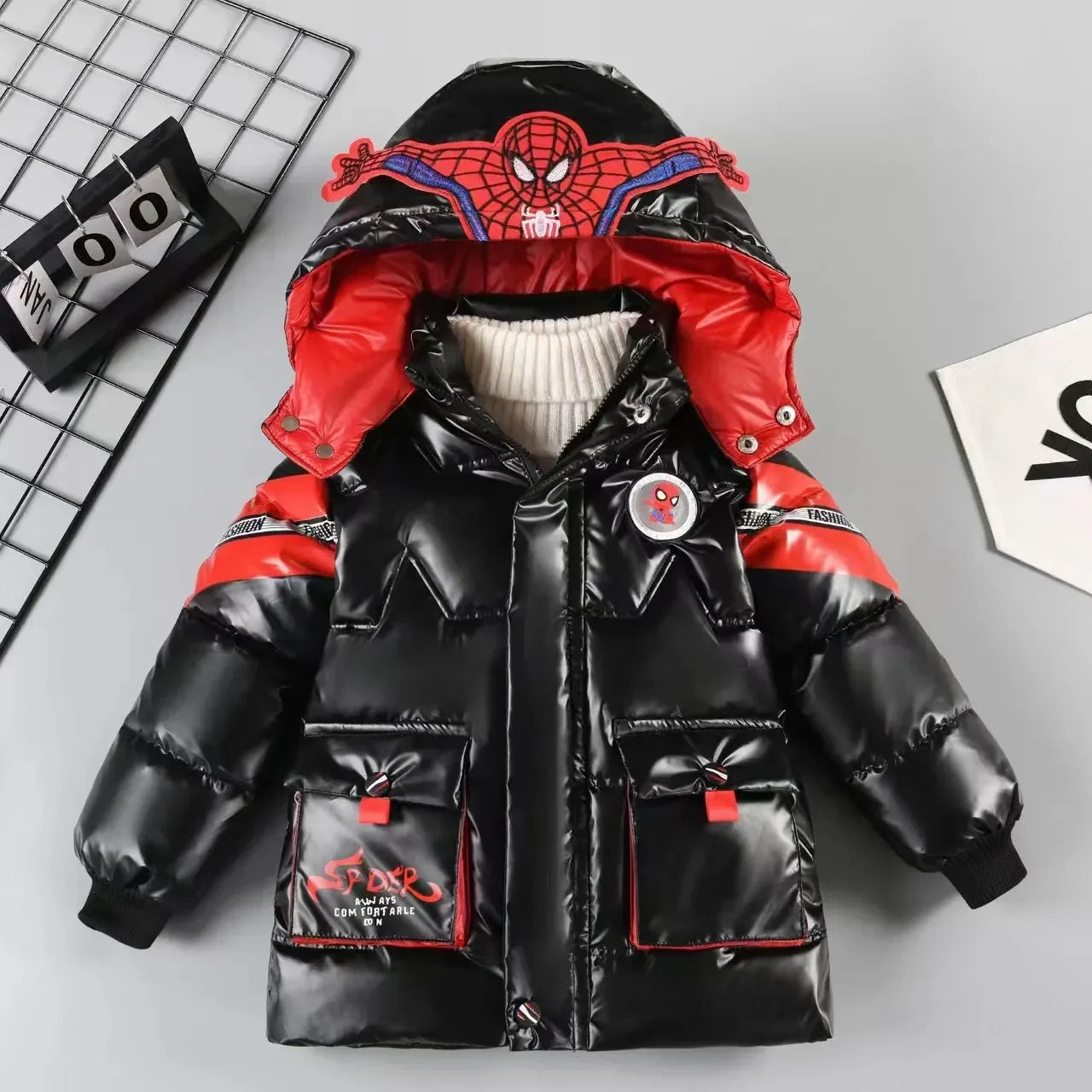 Kids Spider Hero Winter Hooded Puffer Jacket Warm Cotton Parka