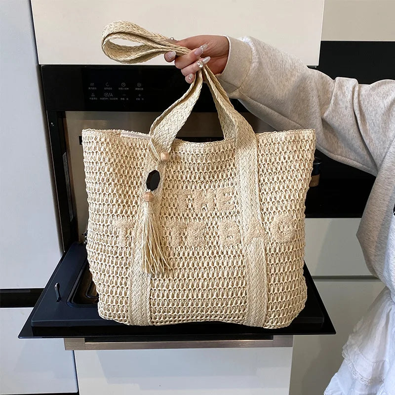 French Style Woven Straw Tote Bag Large Capacity Beach Shoulder Bag