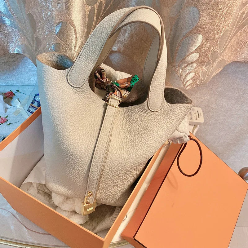 Women Bucket Handbag Soft PU Litchi Pattern Tote Bag with Lock and Scarf