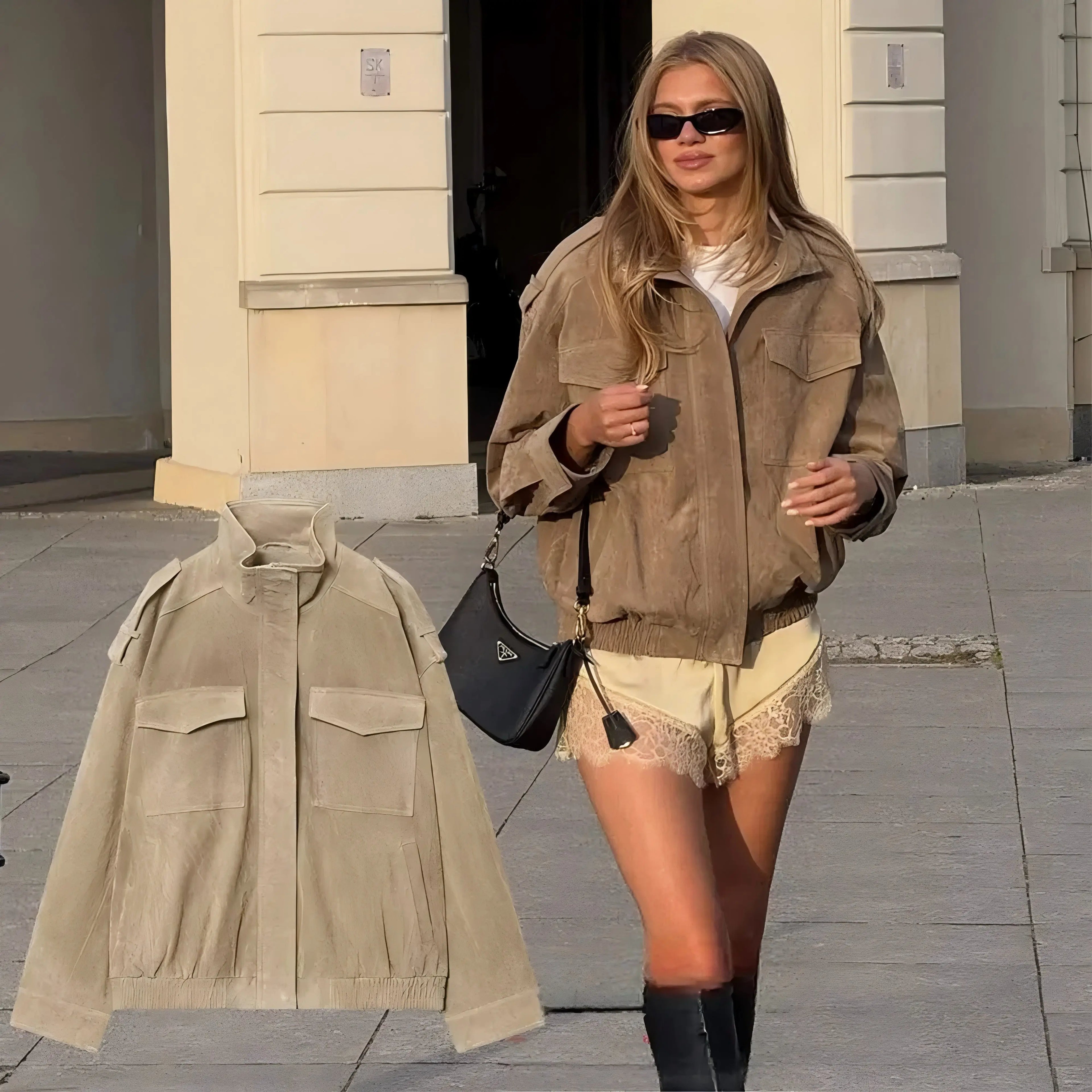 Women Suede Bomber Jacket Loose Fit Long Sleeve Coat Streetwear Outwear 2025
