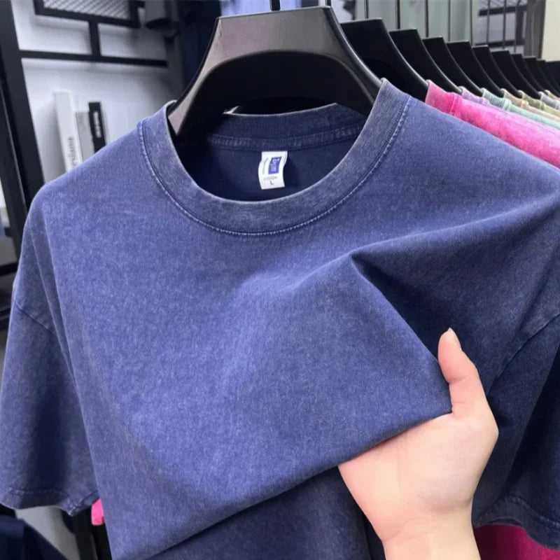 Men Oversized Washed Cotton Vintage T Shirt Loose Fit Short Sleeve Basic Tee