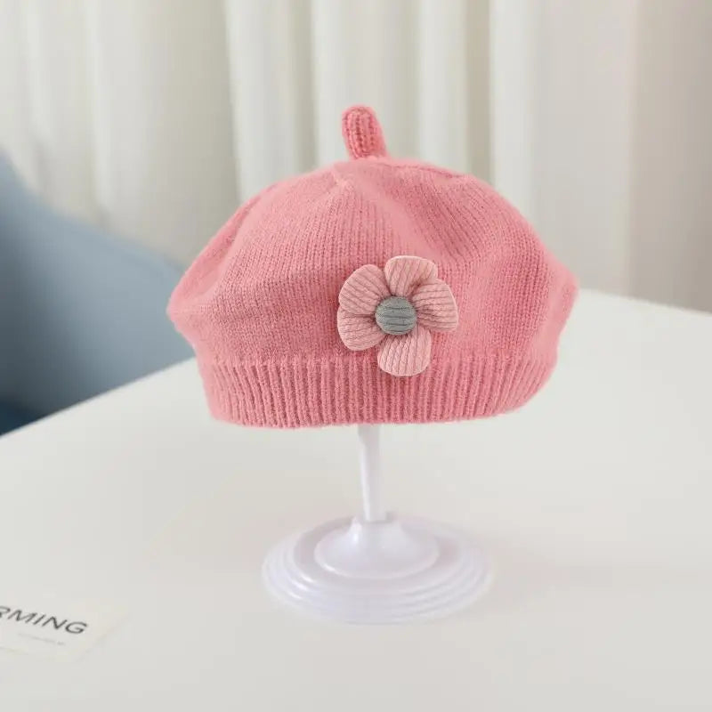 Baby Girl Flower Beret Warm Knit Beanie Hat