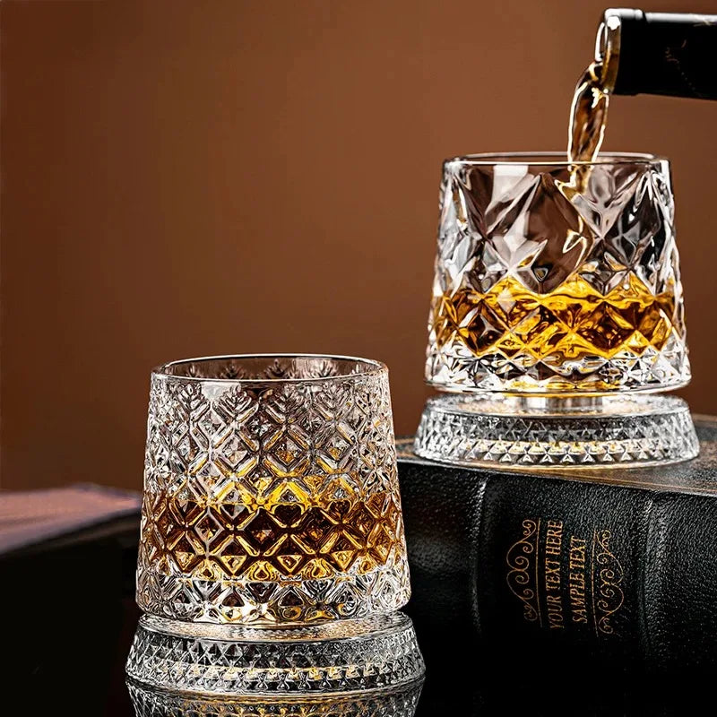 Rotating Whiskey Glass 360 Degree Crystal Tumbler with Glass Base for Cocktail