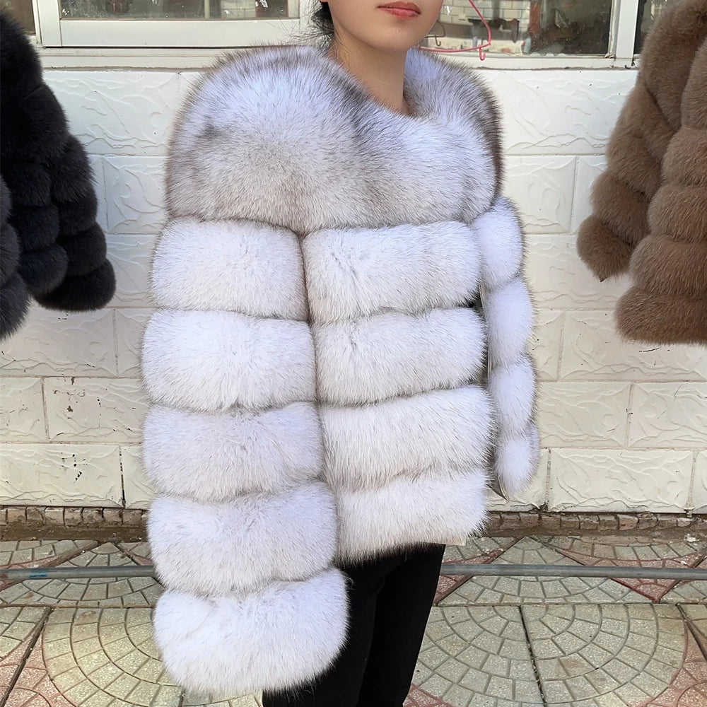 Women Real Fox Fur Winter Coat Brown Leather Jacket