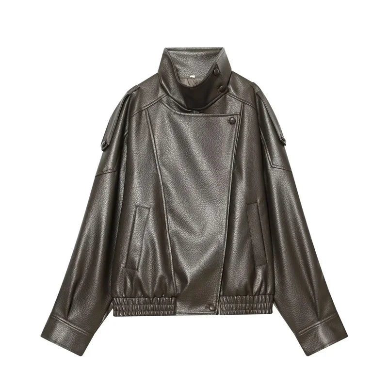 Women Black Faux Leather Jacket Long Sleeve Motorcycle Style Fall Fashion Coat