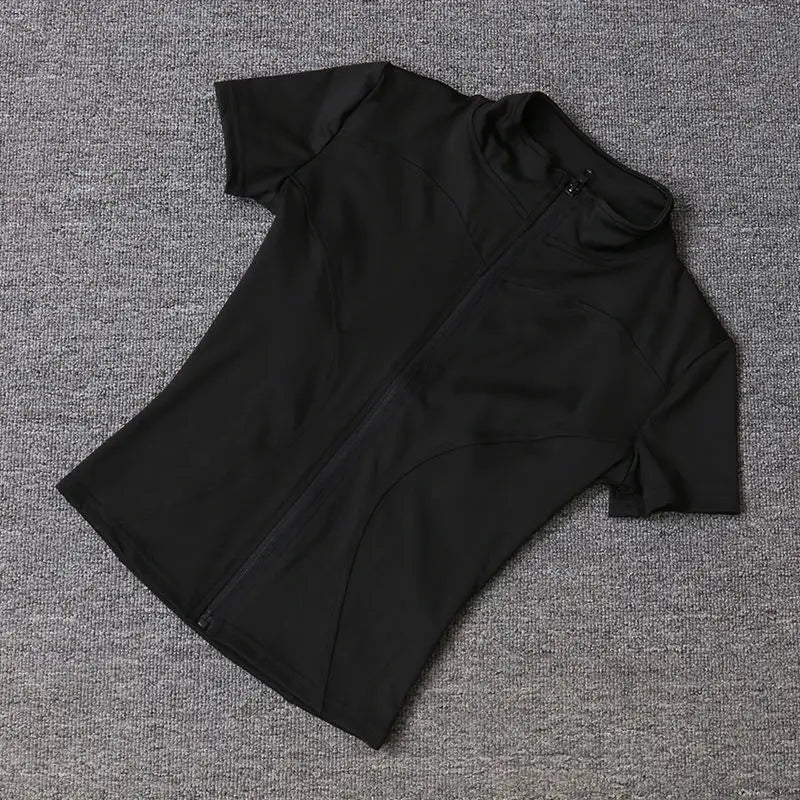 Women’s Slim Fit Full Zip Yoga Shirt Quick Dry Short Sleeve Training Top