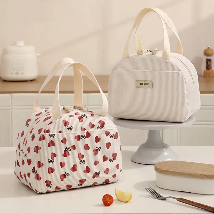 Corduroy Thermal Insulated Lunch Bag Cute Print Large Capacity Handbag
