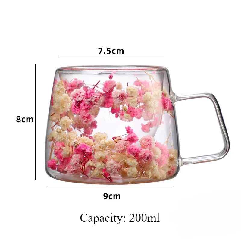 200ml Double Wall Flower Glass Mug with Handle for Coffee and Milk Tea