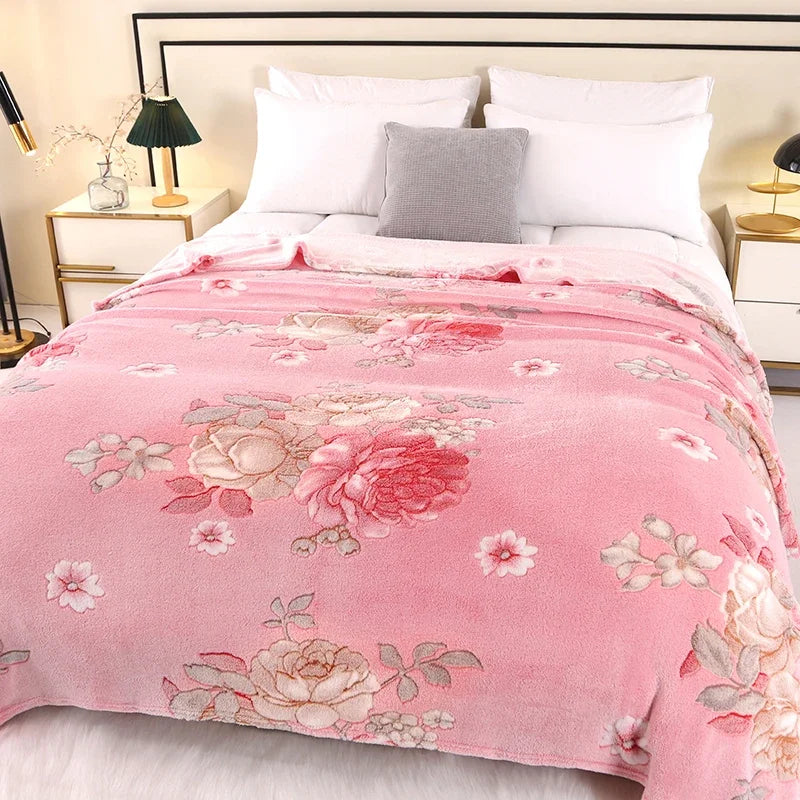 Floral Fleece Blanket Warm Plaid Sofa Throw Travel Shawl Bedspread