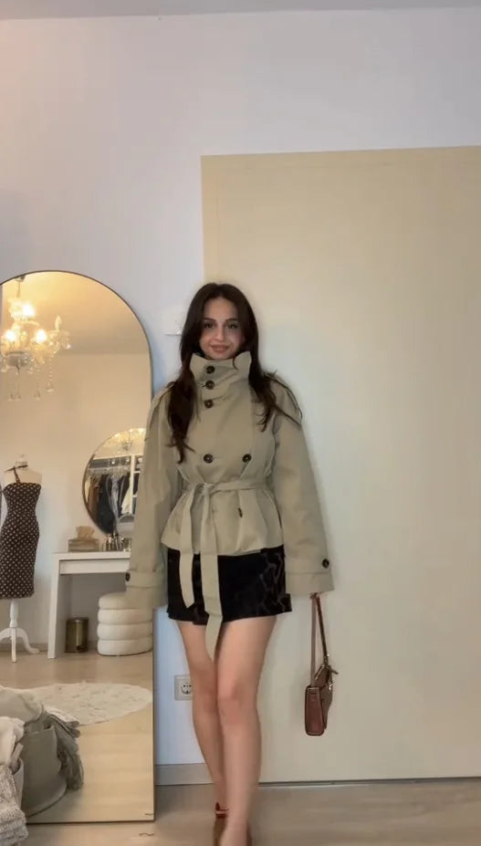 Women Cropped Trench Coat Belted Double Breasted Stand Collar Jacket Vintage Chic Outerwear