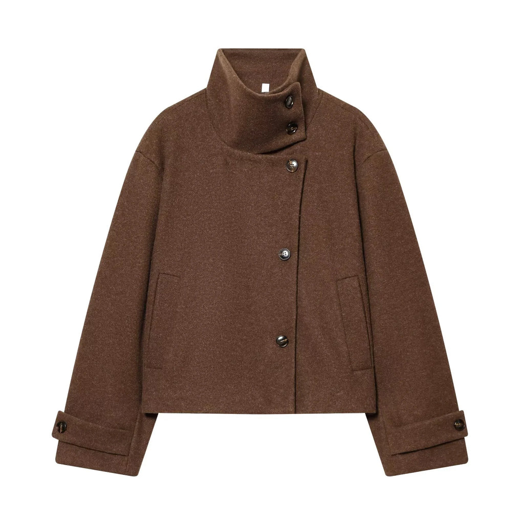 Women Loose Fit Stand Collar Coat Long Sleeve Buckle Casual Winter Jacket