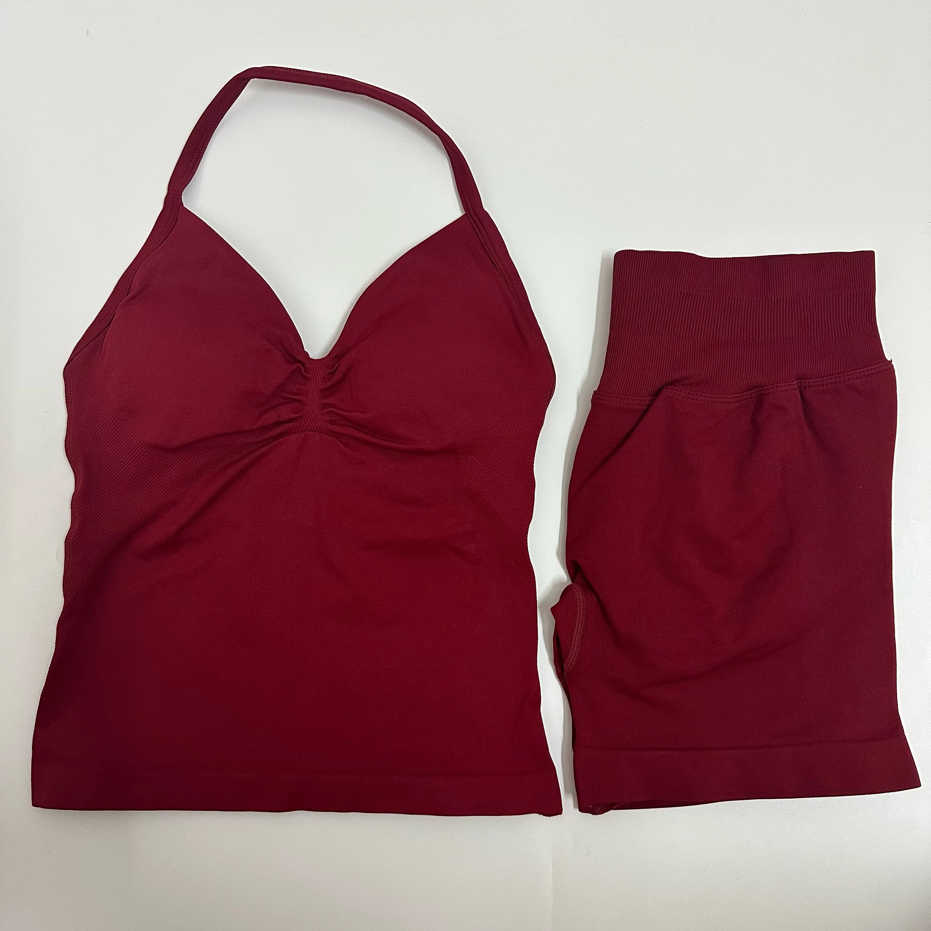 Seamless Yoga Set Women Strappy Tank Top Scrunch Shorts Gym Workout Outfit