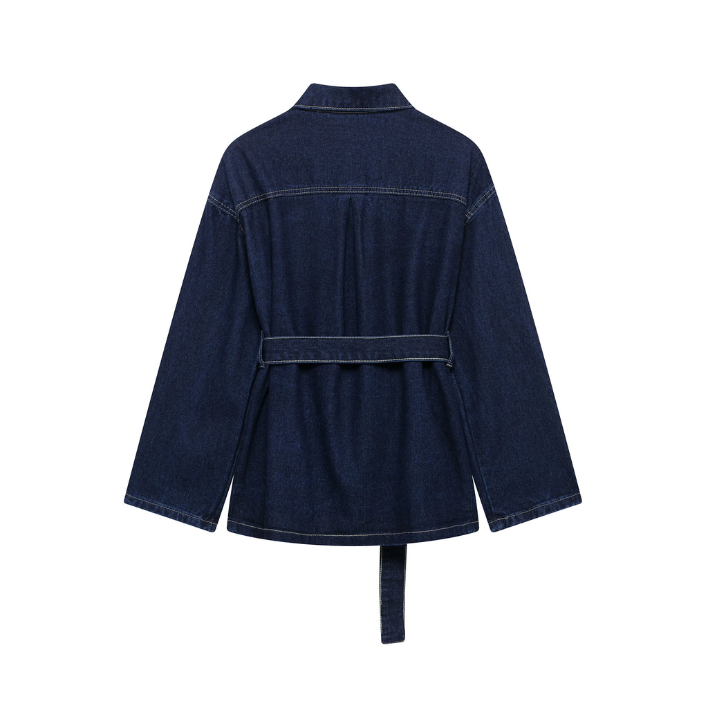 Women Denim Two Piece Set Belted Jacket and Zipper Jeans Outfit